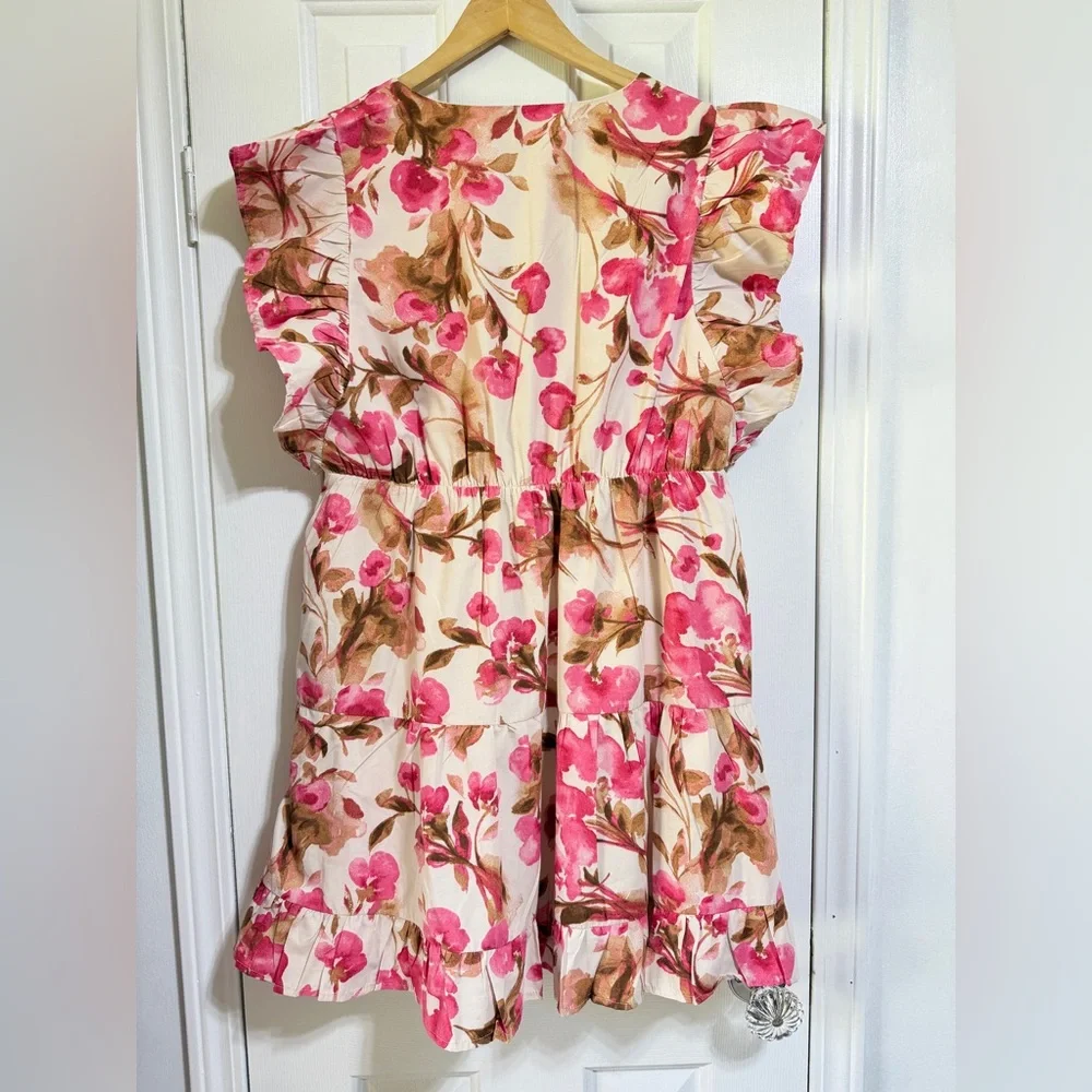 Abercrombie pink brown floral flutter sleeve babydoll mini full dress large - Picture 4 of 5